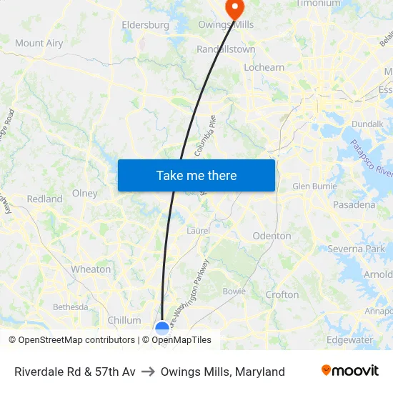Riverdale Rd & 57th Av to Owings Mills, Maryland map