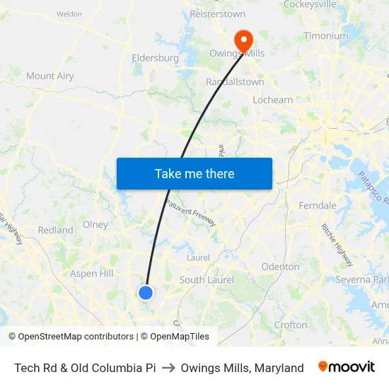 Tech Rd & Old Columbia Pi to Owings Mills, Maryland map