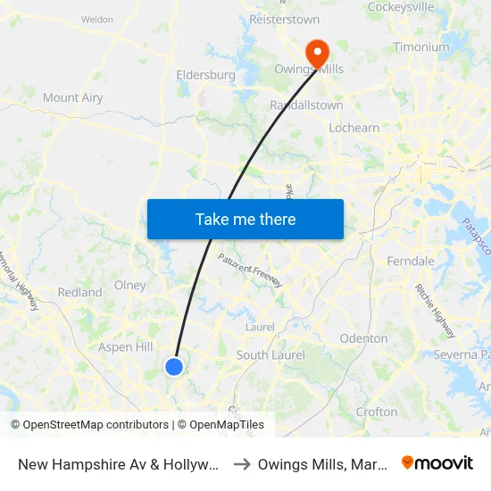 New Hampshire Av & Hollywood Av to Owings Mills, Maryland map