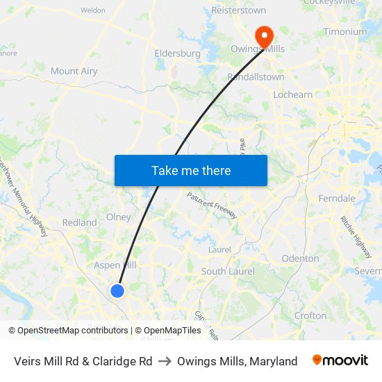 Veirs Mill Rd & Claridge Rd to Owings Mills, Maryland map