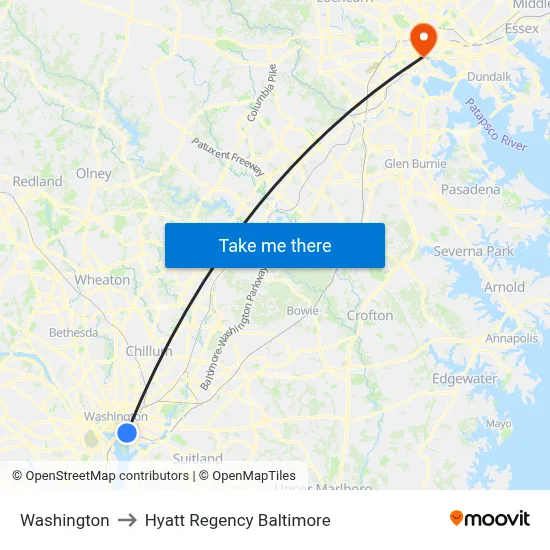 Washington to Hyatt Regency Baltimore map