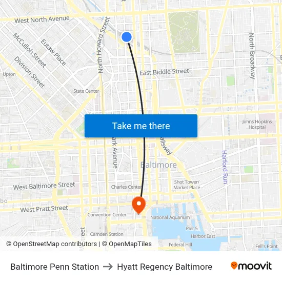 Baltimore Penn Station to Hyatt Regency Baltimore map