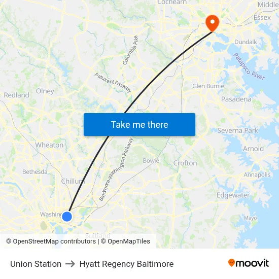 Union Station to Hyatt Regency Baltimore map