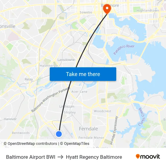 Baltimore Airport BWI to Hyatt Regency Baltimore map