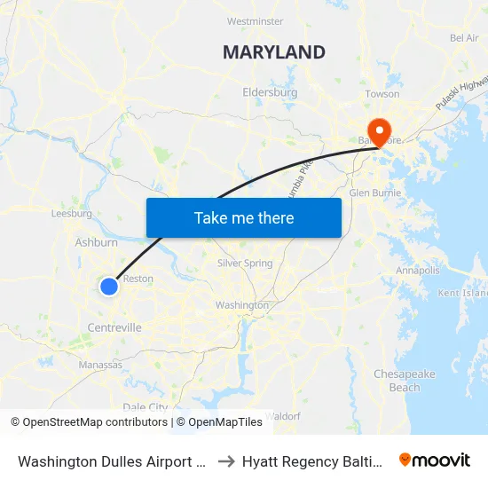 Washington Dulles Airport (IAD) to Hyatt Regency Baltimore map