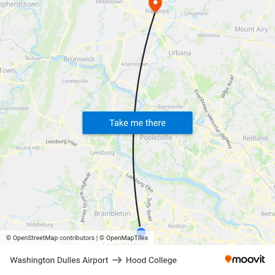 Washington Dulles Airport to Hood College map