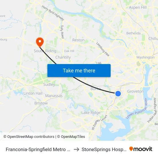 Franconia-Springfield Metro Bus Route 301 to StoneSprings Hospital Center map
