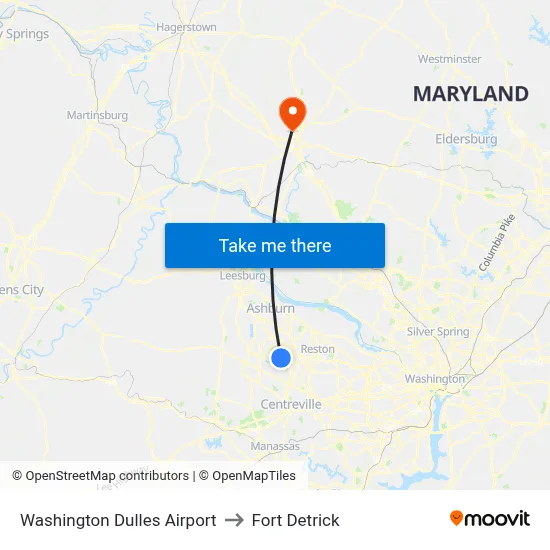 Washington Dulles Airport to Fort Detrick map