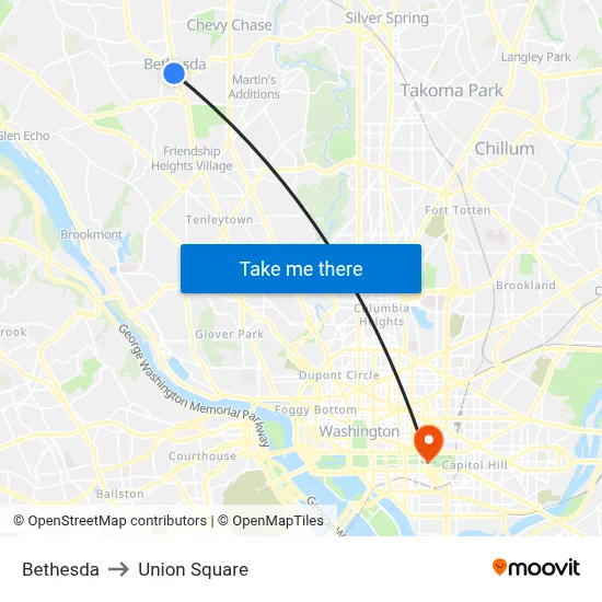 Bethesda to Union Square map