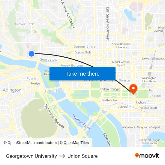 Georgetown University to Union Square map