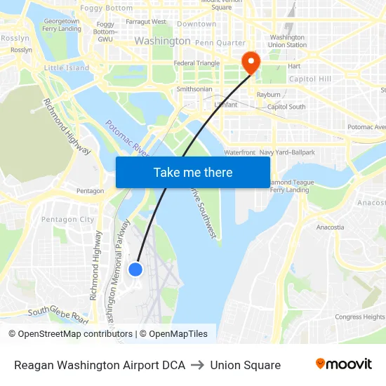 Reagan Washington Airport DCA to Union Square map