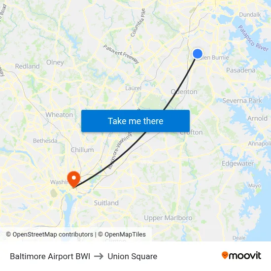 Baltimore Airport BWI to Union Square map