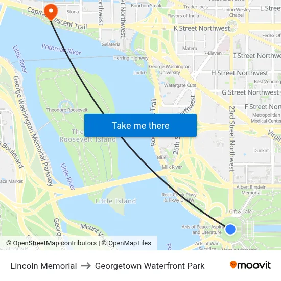 Lincoln Memorial to Georgetown Waterfront Park map