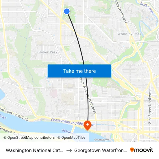 Washington National Cathedral to Georgetown Waterfront Park map