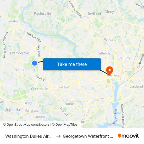 Washington Dulles Airport to Georgetown Waterfront Park map