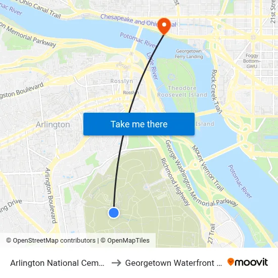 Arlington National Cemetery to Georgetown Waterfront Park map