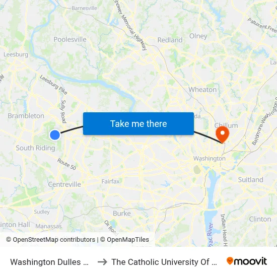 Washington Dulles Airport to The Catholic University Of America map