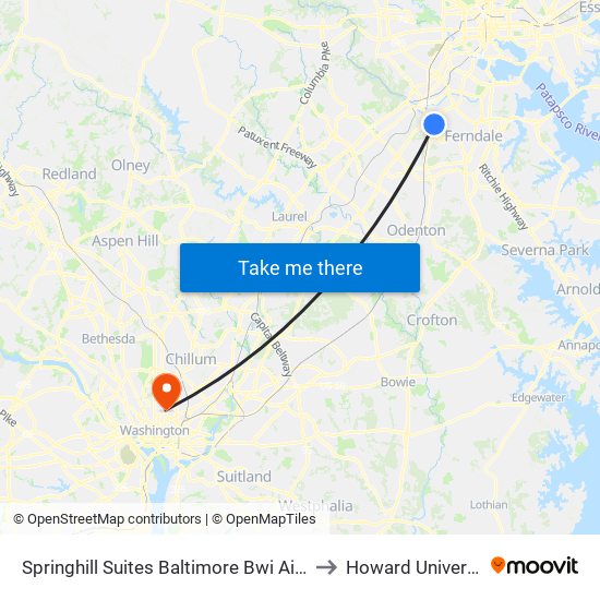 Springhill Suites Baltimore Bwi Airport to Howard University map