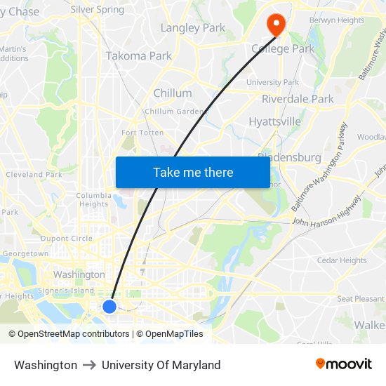 Washington to University Of Maryland map