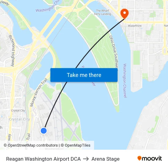 Reagan Washington Airport DCA to Arena Stage map