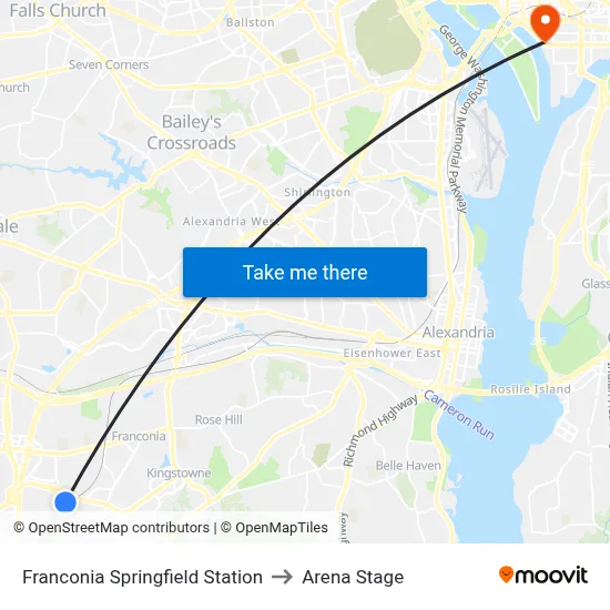Franconia Springfield Station to Arena Stage map