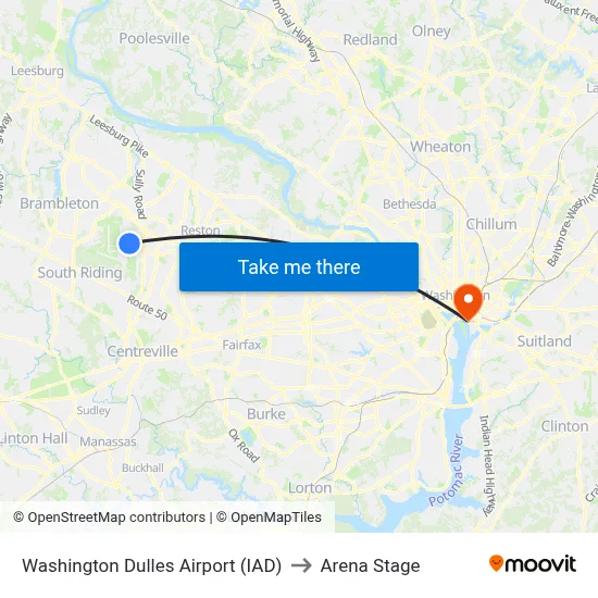 Washington Dulles Airport (IAD) to Arena Stage map