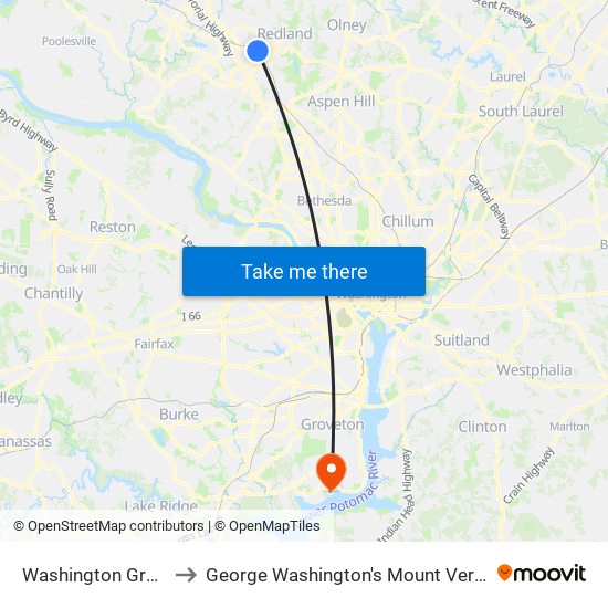 Washington Grove to George Washington's Mount Vernon map