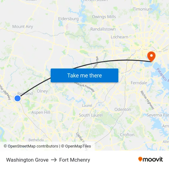 Washington Grove to Fort Mchenry map