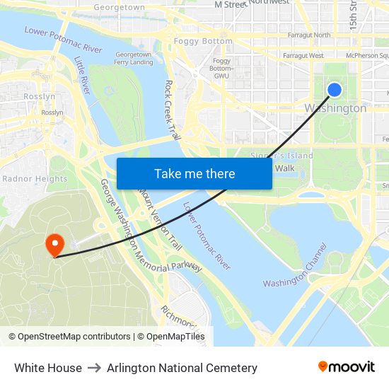 White House to Arlington National Cemetery map