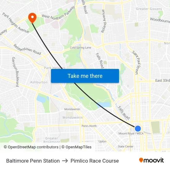 Baltimore Penn Station to Pimlico Race Course map