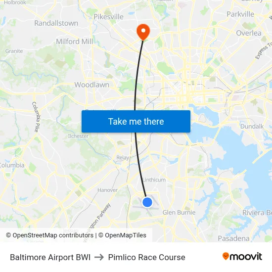 Baltimore Airport BWI to Pimlico Race Course map