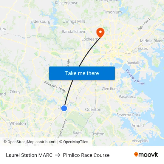 Laurel Station MARC to Pimlico Race Course map