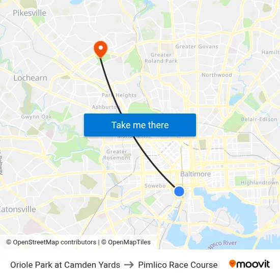 Camden Yards to Pimlico Race Course map