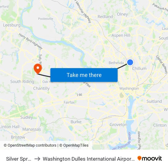 Silver Spring to Washington Dulles International Airport (Iad) map