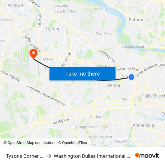 Tysons Corner Metro to Washington Dulles International Airport (Iad) map