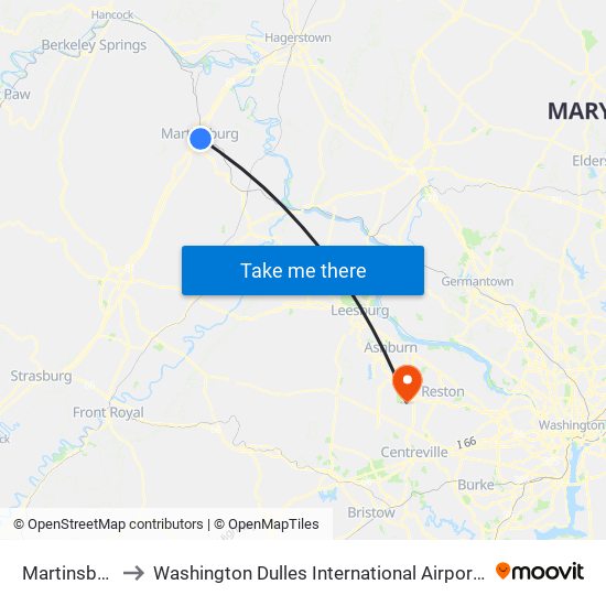 Martinsburg to Washington Dulles International Airport (Iad) map