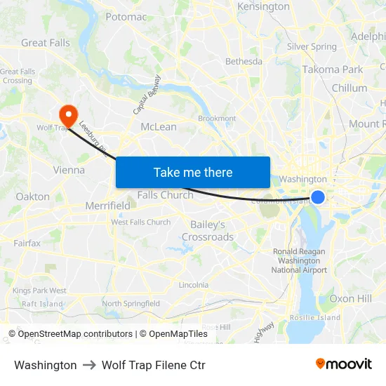 Washington to Wolf Trap Filene Ctr map