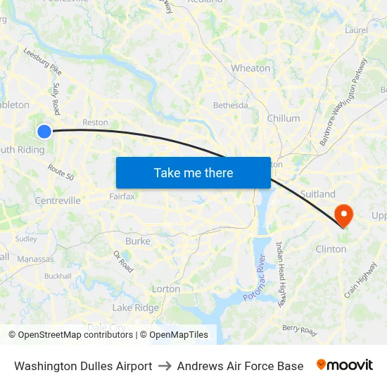 Washington Dulles Airport to Andrews Air Force Base map