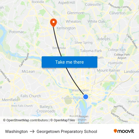 Washington to Georgetown Preparatory School map