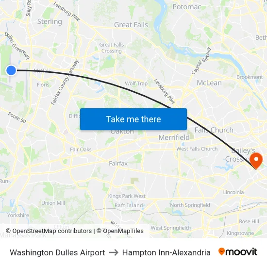Washington Dulles Airport to Hampton Inn-Alexandria map