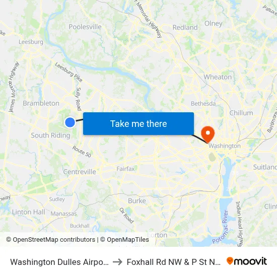 Washington Dulles Airport to Foxhall Rd NW & P St NW map
