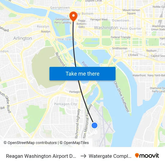 Reagan Washington Airport DCA to Watergate Complex map