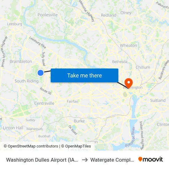 Washington Dulles Airport (IAD) to Watergate Complex map