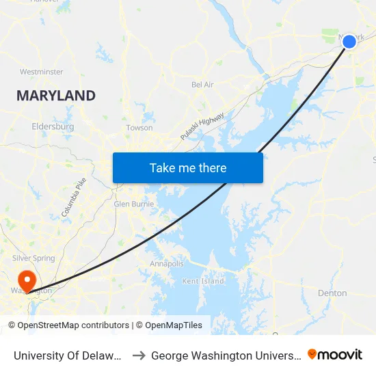 University Of Delaware to George Washington University map