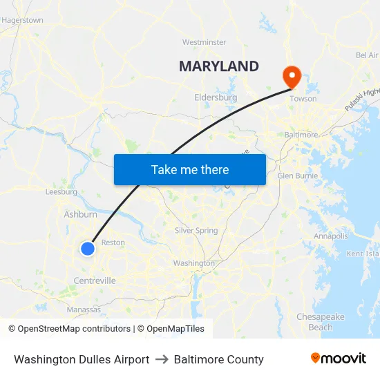 Washington Dulles Airport to Baltimore County map