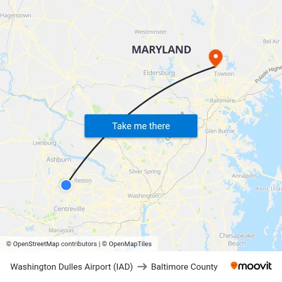 Washington Dulles Airport (IAD) to Baltimore County map