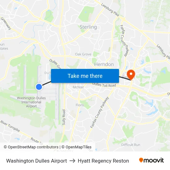 Washington Dulles Airport to Hyatt Regency Reston map
