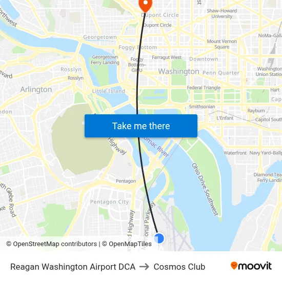 Reagan Washington Airport DCA to Cosmos Club map