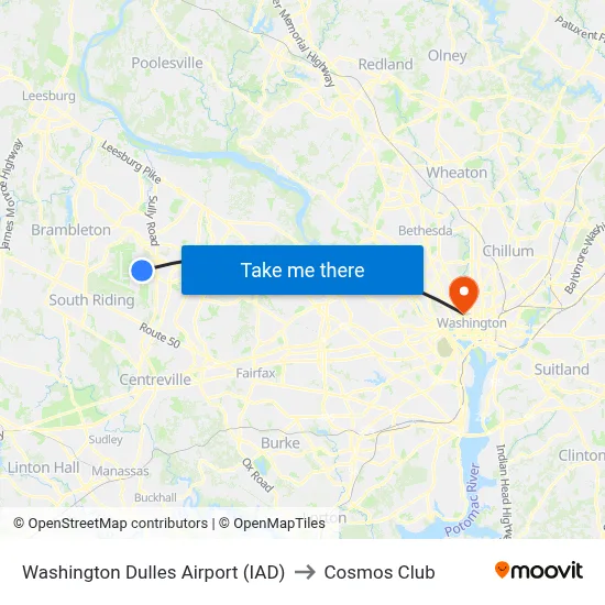 Washington Dulles Airport (IAD) to Cosmos Club map