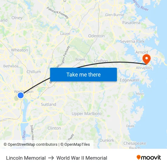 Lincoln Memorial to World War II Memorial map
